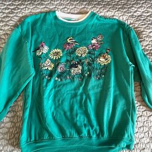 Vintage teal sweater with birds and flowers